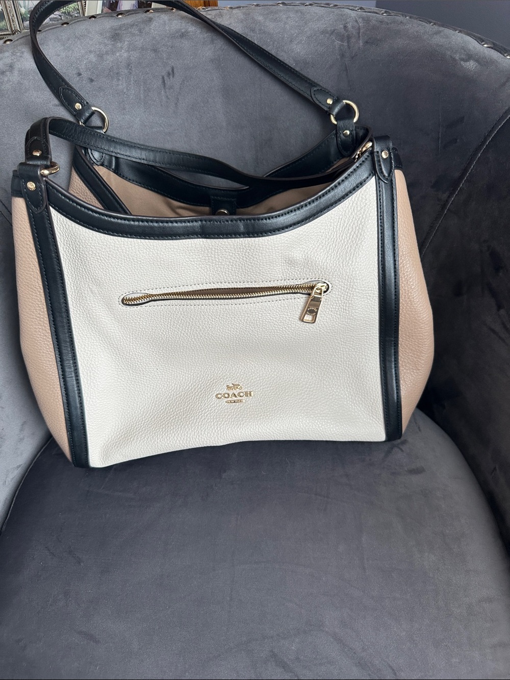 Coach Tri-Color Pebbled Leather Shoulder Bag — White, Black, Tan